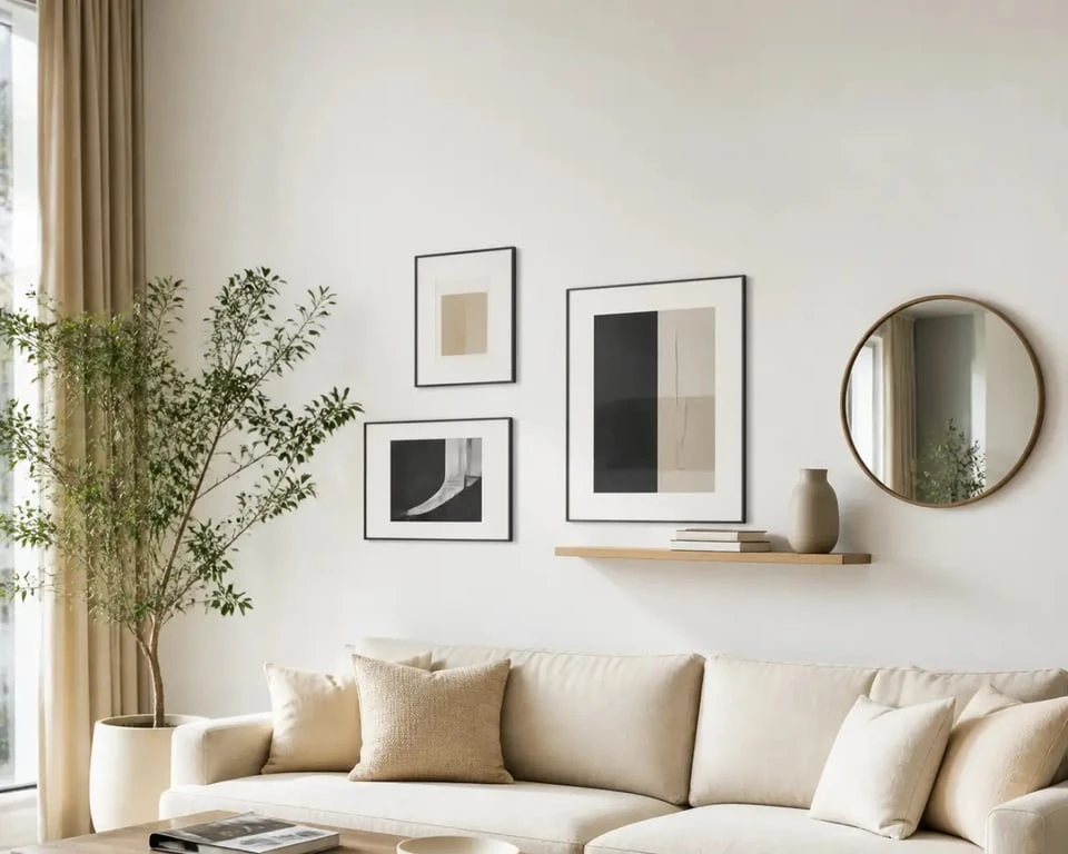 Décorer mur blanc dans un salon lumineux avec cadres, miroir, étagère flottante et plantes