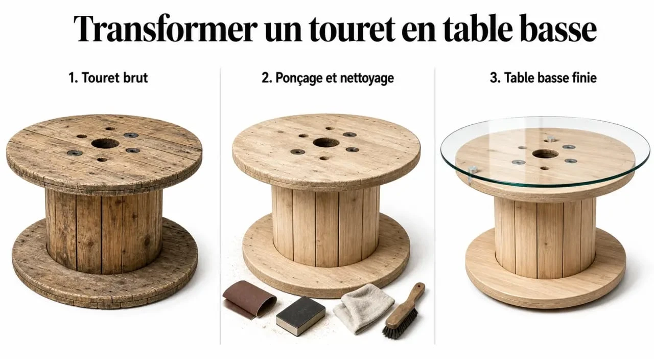 Touret en table basse : transformation DIY en trois étapes avec finition et plateau en verre