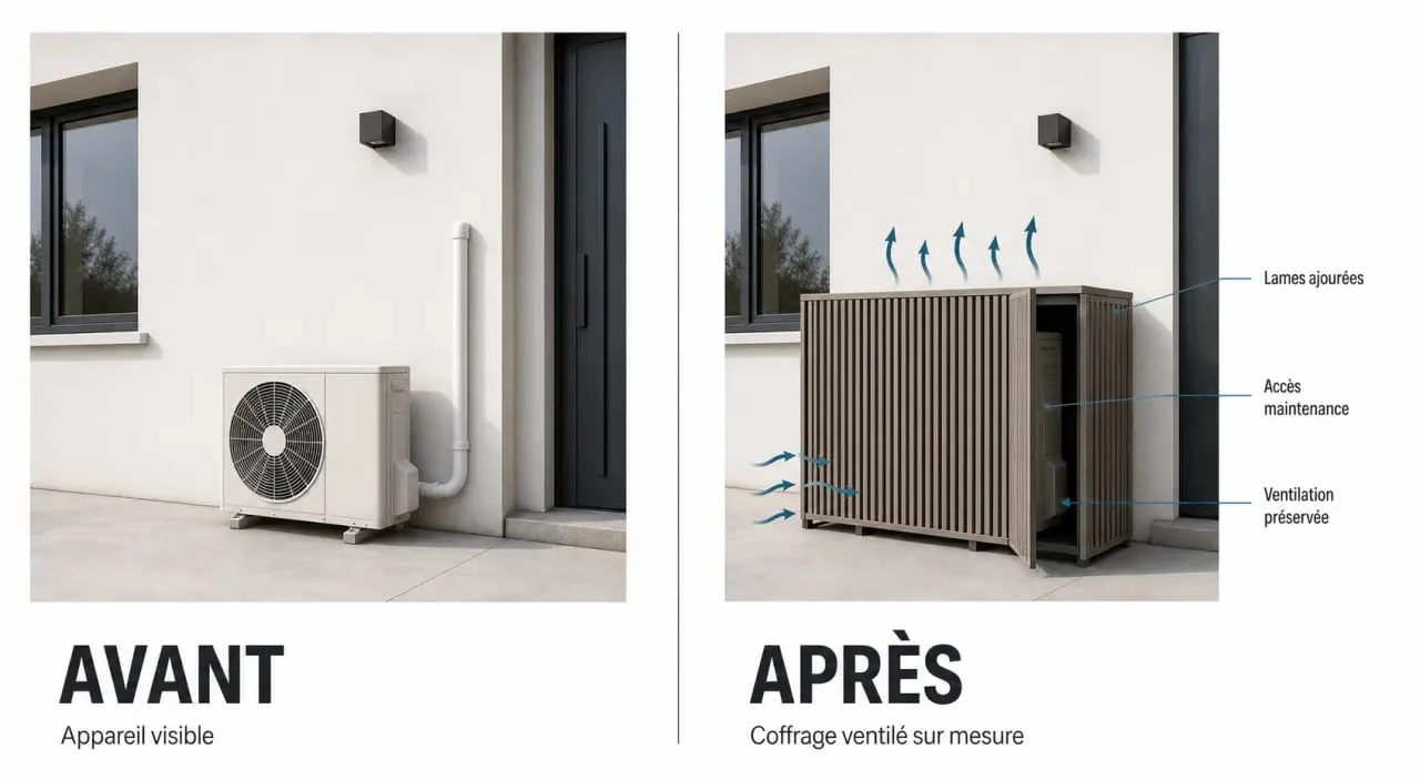 Cacher pompe à chaleur sur façade avec habillage ventilé et accès technique