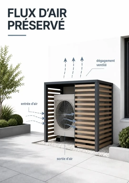 Cacher pompe à chaleur avec cache ventilé et circulation d’air autour de l’unité extérieure