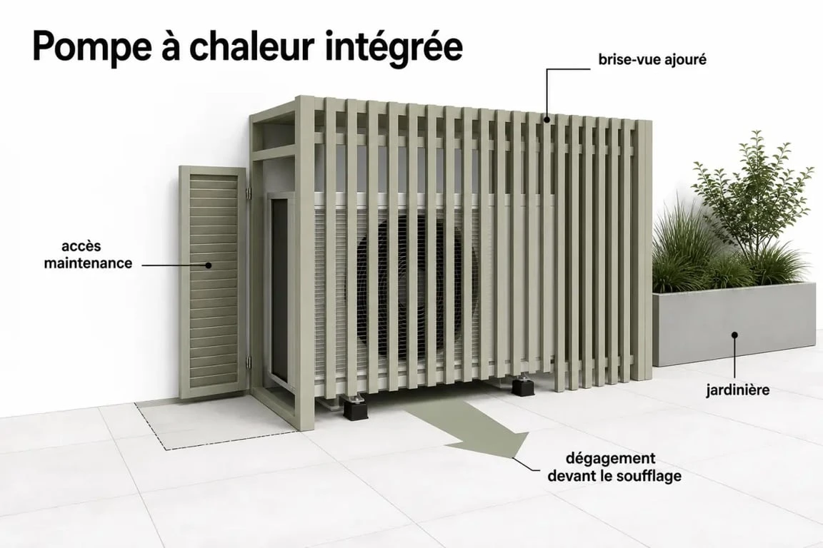 Cacher pompe à chaleur sur terrasse avec brise-vue ajouré et accès maintenance