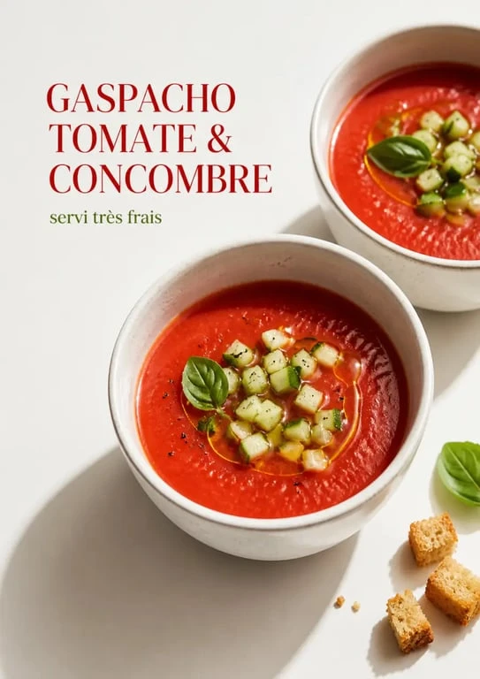 Recette de gaspacho tomate concombre servi très frais dans un bol, avec garniture de concombre et basilic