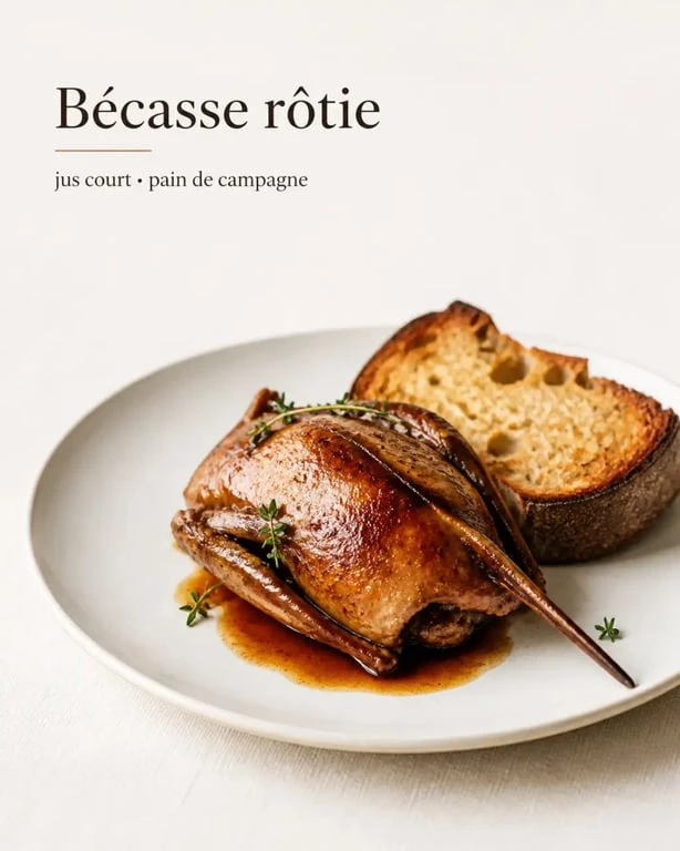 Recette becasse rôtie au four sur assiette dressée avec jus court et pain de campagne