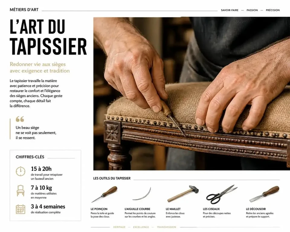 Artisan tapissier à Montpellier en plein travail de restauration de fauteuil ancien