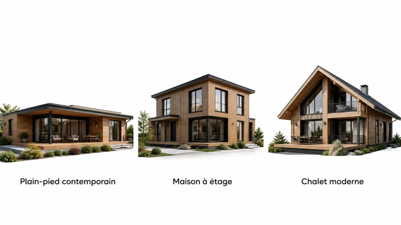 Plan maison en bois : comparaison visuelle entre un plain-pied, une maison à étage et un chalet contemporain