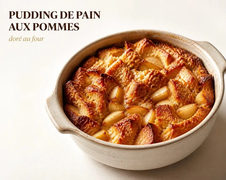 Recettes avec pain : pudding de pain aux pommes doré dans un plat familial