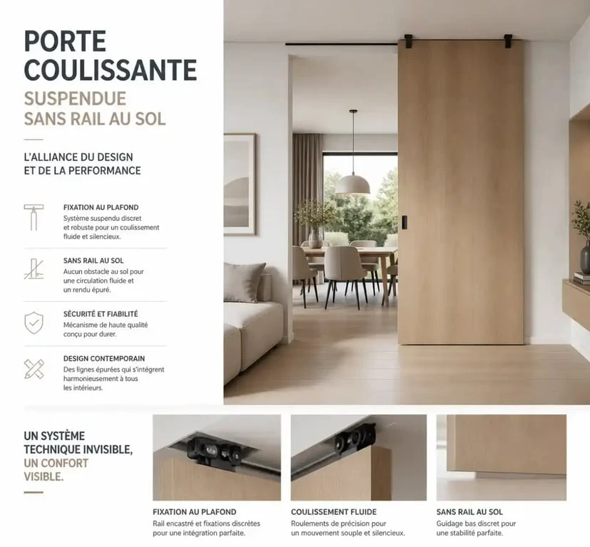 Porte coulissante separation de piece suspendue sans rail au sol