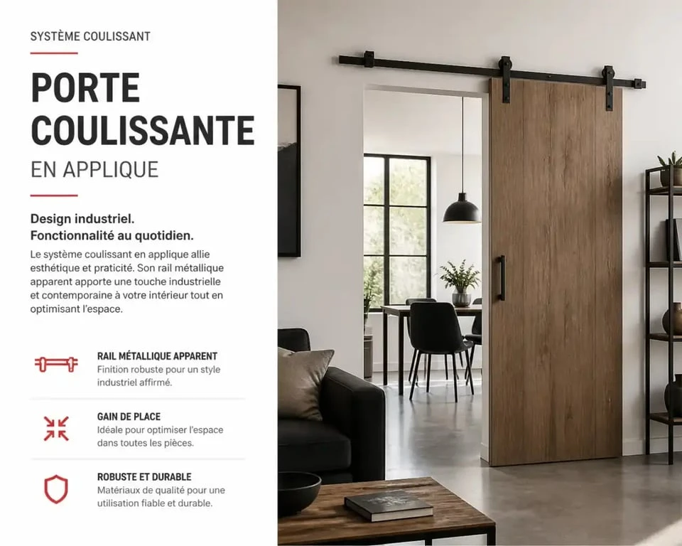 Porte coulissante separation de piece en applique avec rail apparent