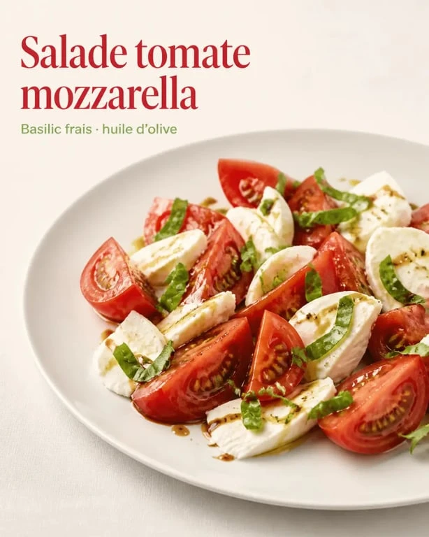 Salade mozzarella tomate dressée en assiette blanche avec tomates mûres, mozzarella et basilic