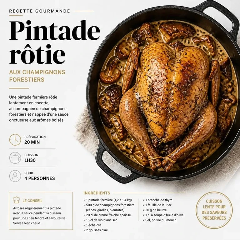 Recette de pintade en cocotte aux champignons dorée et savoureuse