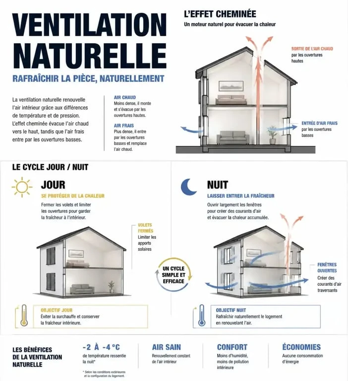 Infographie sur les méthodes pour rafraîchir une pièce naturellement et efficacement