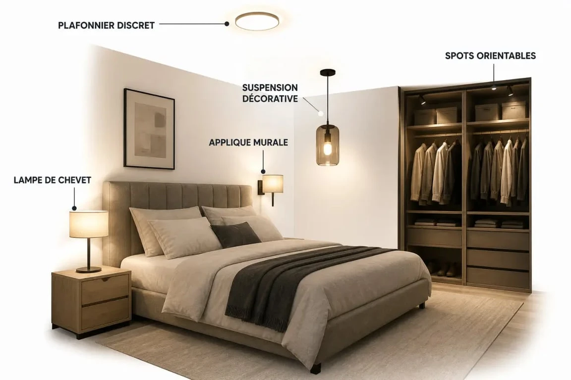 Luminaire chambre : illustration d’une chambre avec plafonnier, suspension, applique murale et lampe de chevet