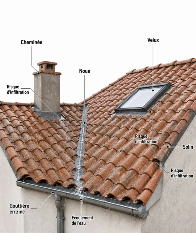 Couvreur zingueur toulouse sur une toiture avec tuiles canal, cheminée, velux et gouttière en zinc
