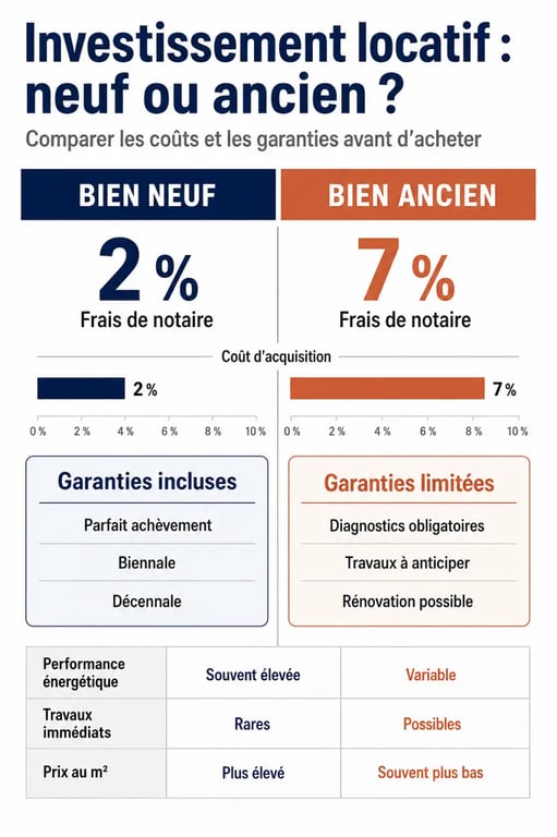 Infographie comparative des frais de notaire et garanties entre investissement locatif neuf et ancien