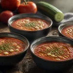 Gaspacho tomate concombre très frais en bols froids, huile d’olive
