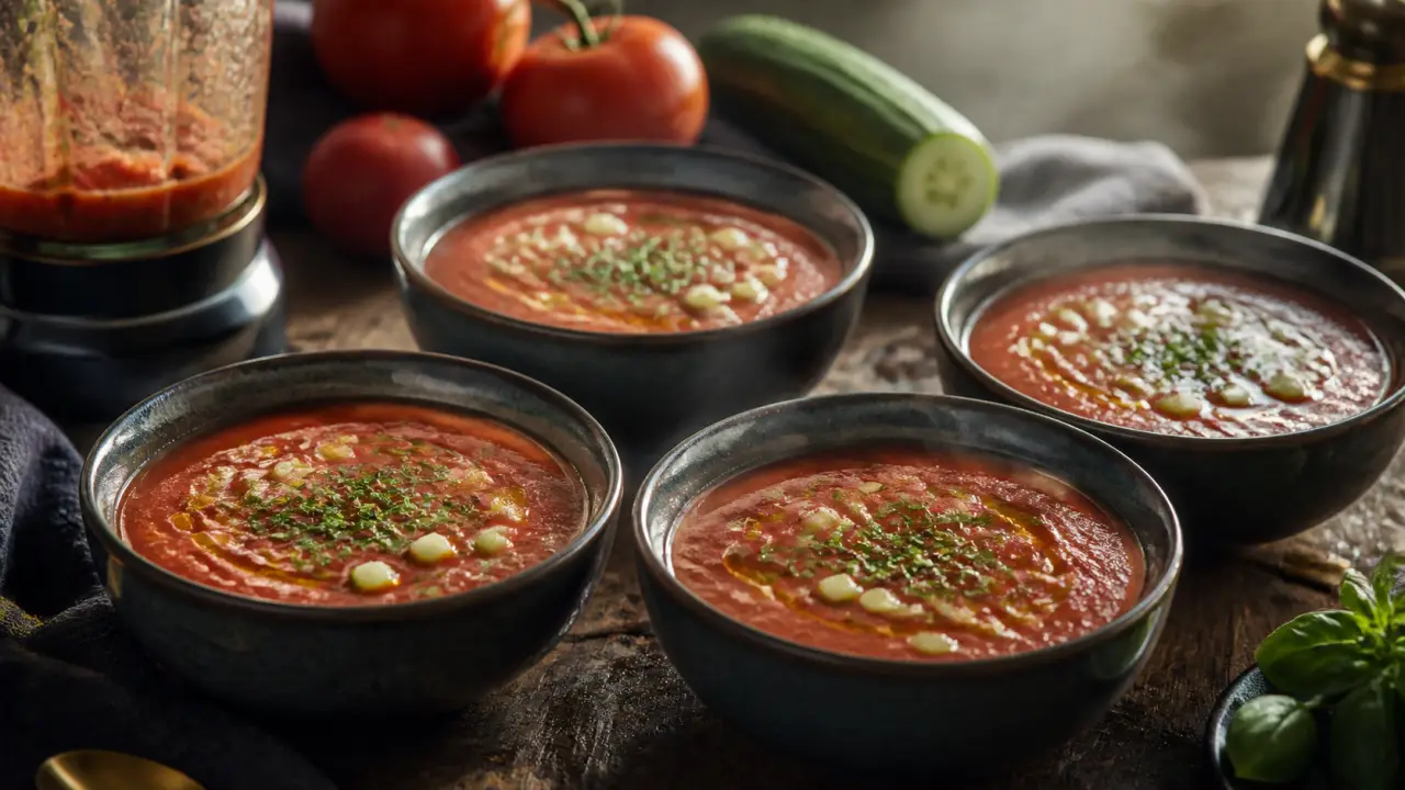 Gaspacho tomate concombre très frais en bols froids, huile d’olive