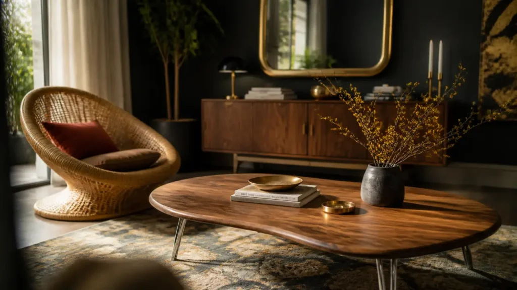 Meuble tendance 2025 : table basse noyer chrome en salon