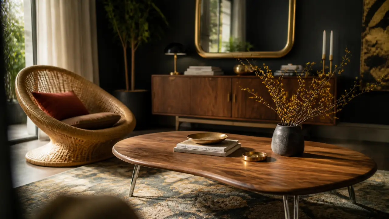 Meuble tendance 2025 : table basse noyer chrome en salon