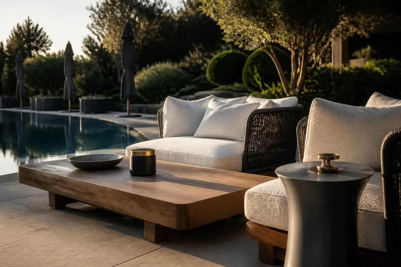 Mobilier de jardin haut de gamme contemporain : teck FSC, corde tressée et aluminium brossé