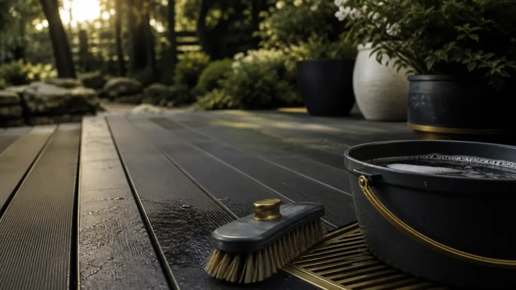 Nettoyer terrasse en composite avec brosse douce et eau savonneuse
