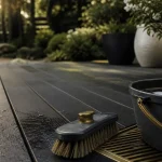 Nettoyer terrasse en composite avec brosse douce et eau savonneuse