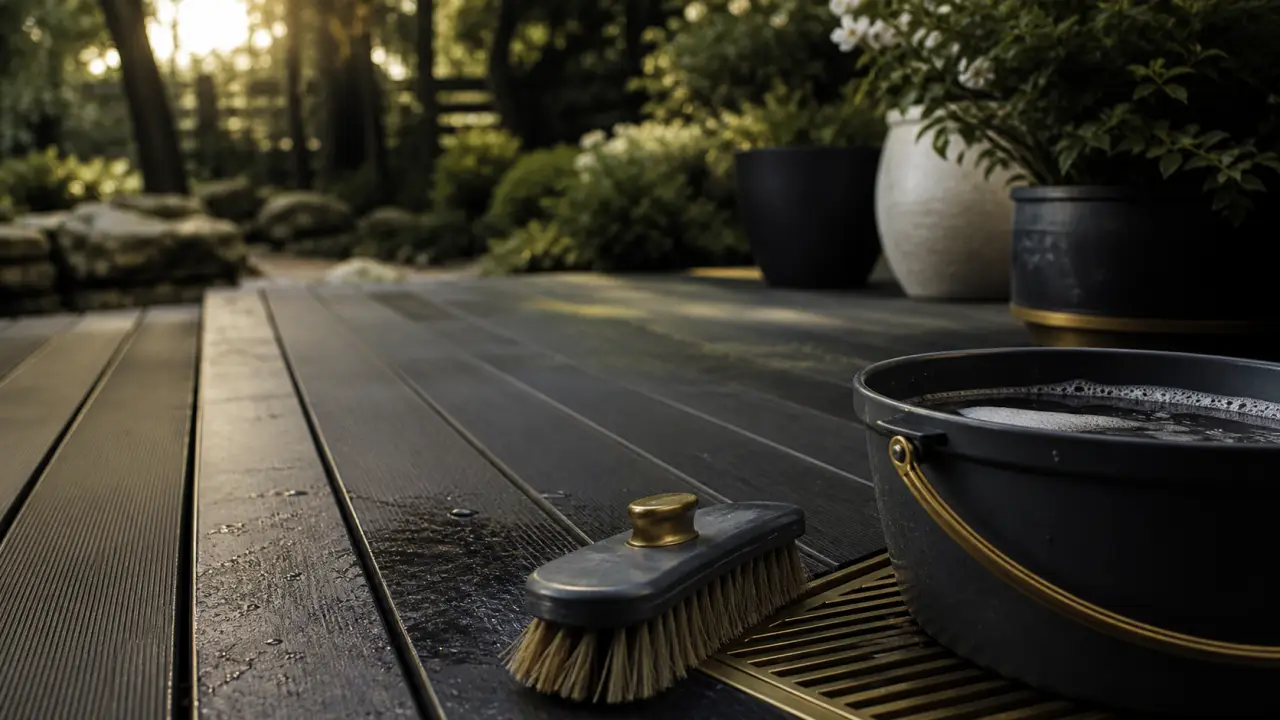 Nettoyer terrasse en composite avec brosse douce et eau savonneuse