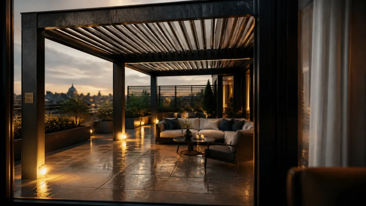 Orientation lame pergola vent : vue terrasse façade nord, lames 90°