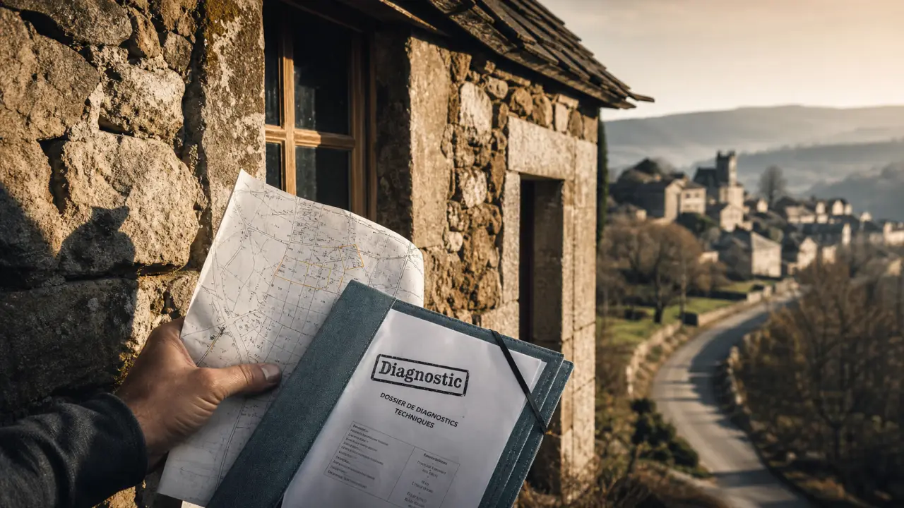 Petite maison de campagne à vendre en Aveyron, plan cadastral et diagnostics à vérifier.