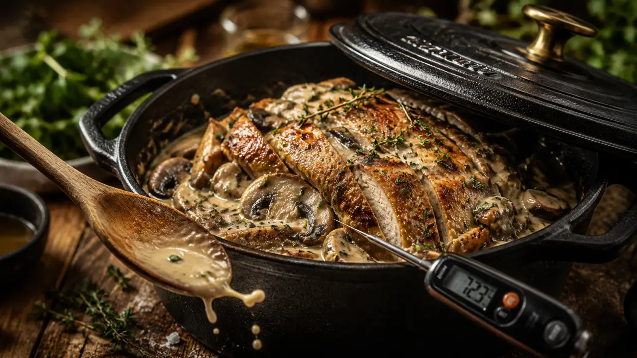 Recette pintade en cocotte champignons, sauce onctueuse