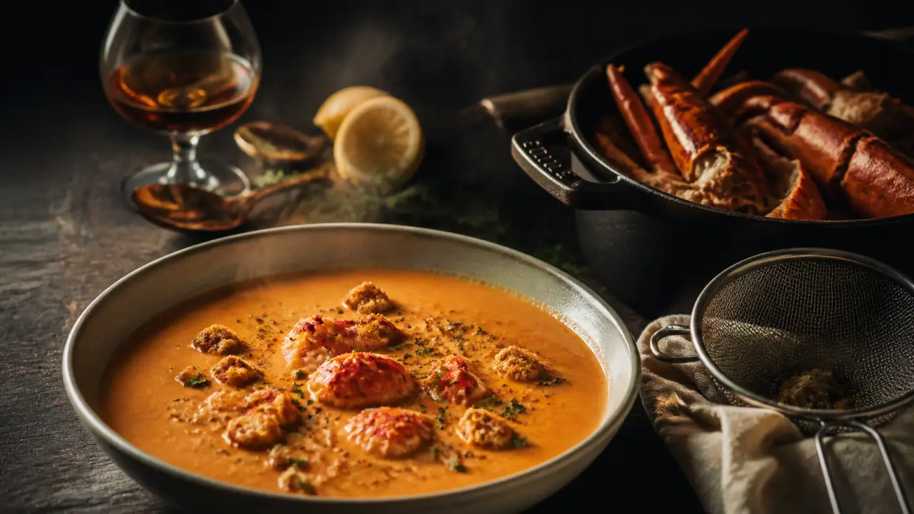 Recettes bisque de homard maison, bol fumant et morceaux de homard