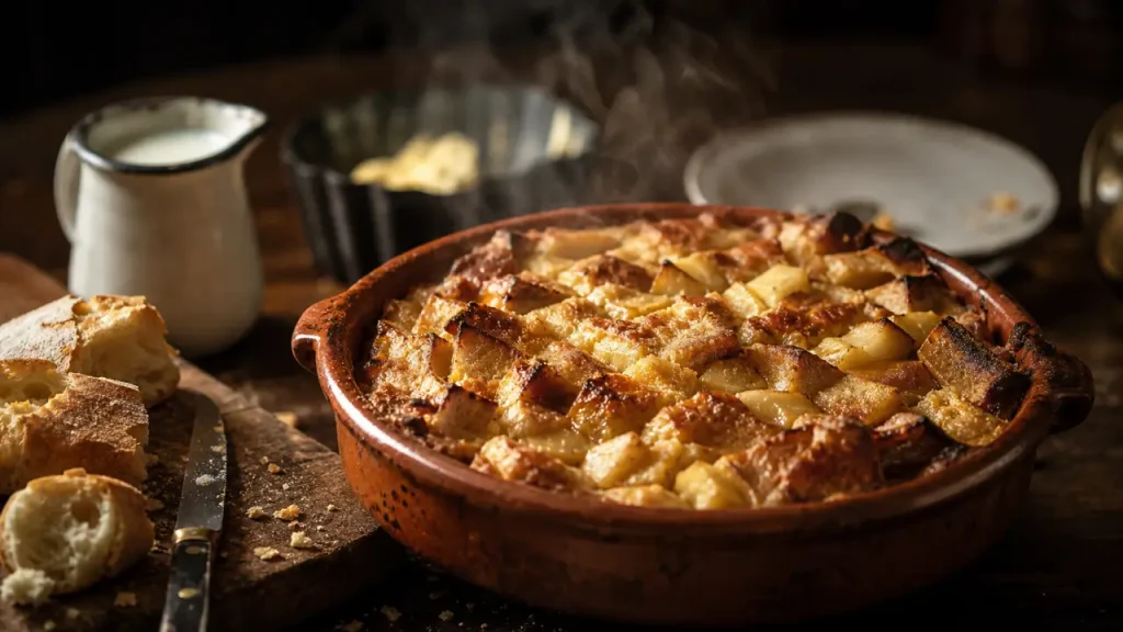 Recettes avec pain rassis : pudding aux pommes doré à 200 °C, pain sec au four