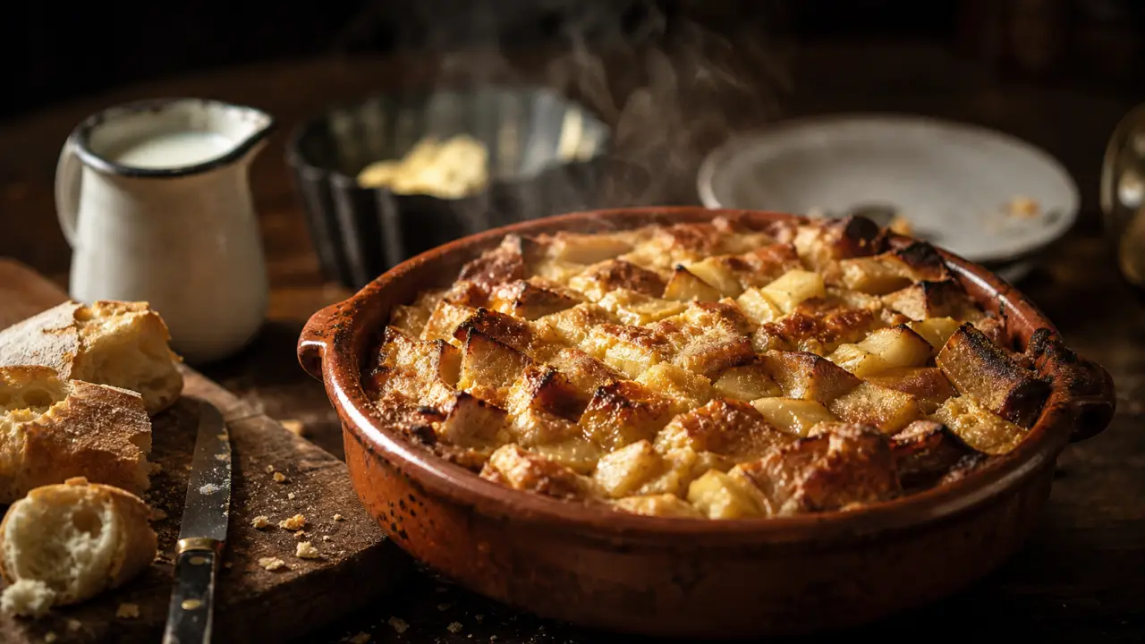 Recettes avec pain rassis : pudding aux pommes doré à 200 °C, pain sec au four