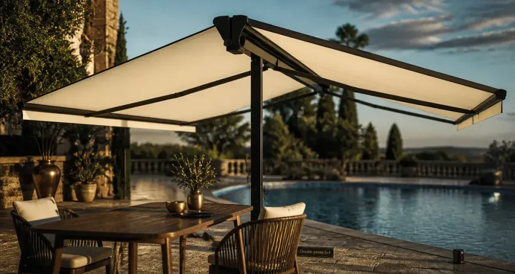 Store banne double pente 5x4 : 20 m² d’ombre sans percer la façade