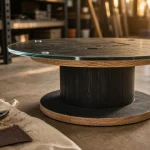Touret en table basse avec plateau en verre et finition noir mat