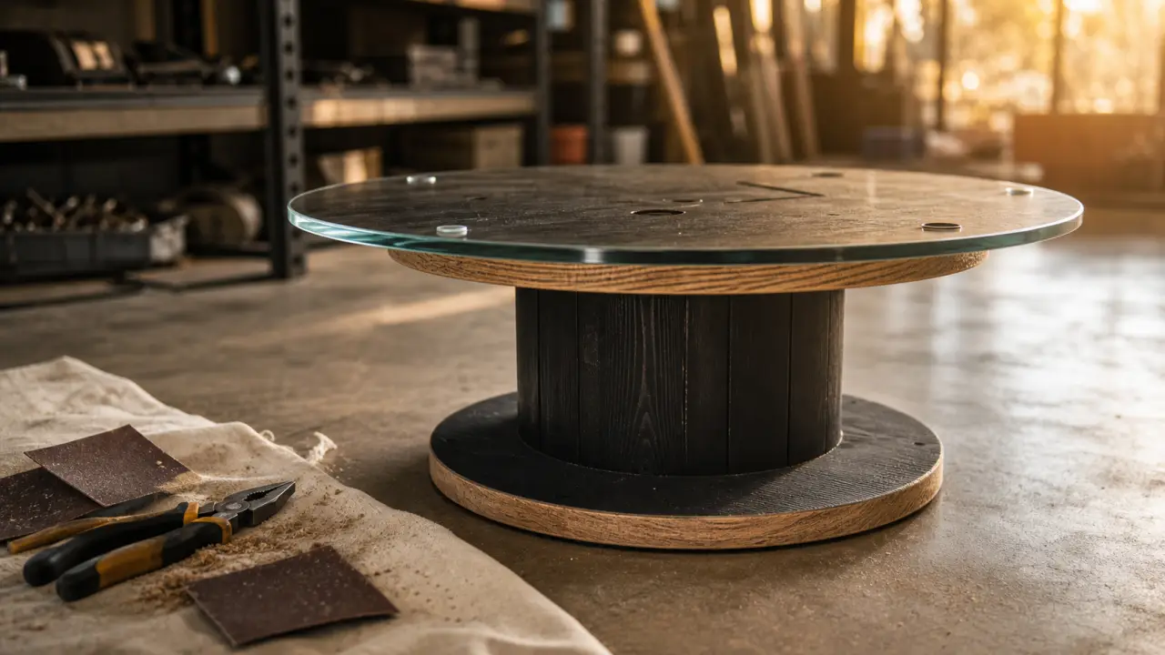 Touret en table basse avec plateau en verre et finition noir mat