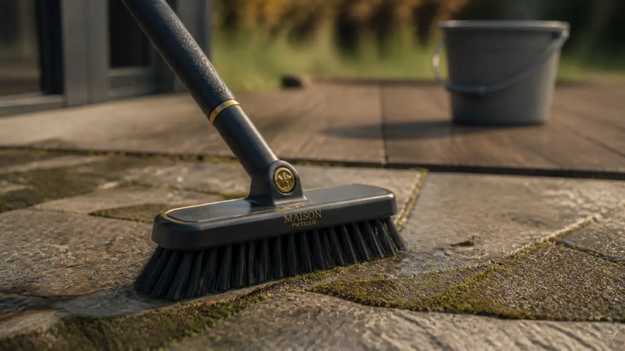 Brosse nettoyante terrasse pour bois, carrelage et béton sur béton avec mousse
