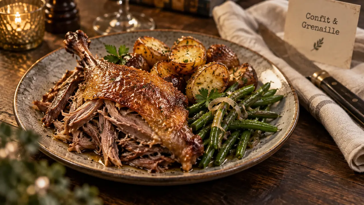 Confit de canard accompagnements : pommes grenailles rôties et légumes verts