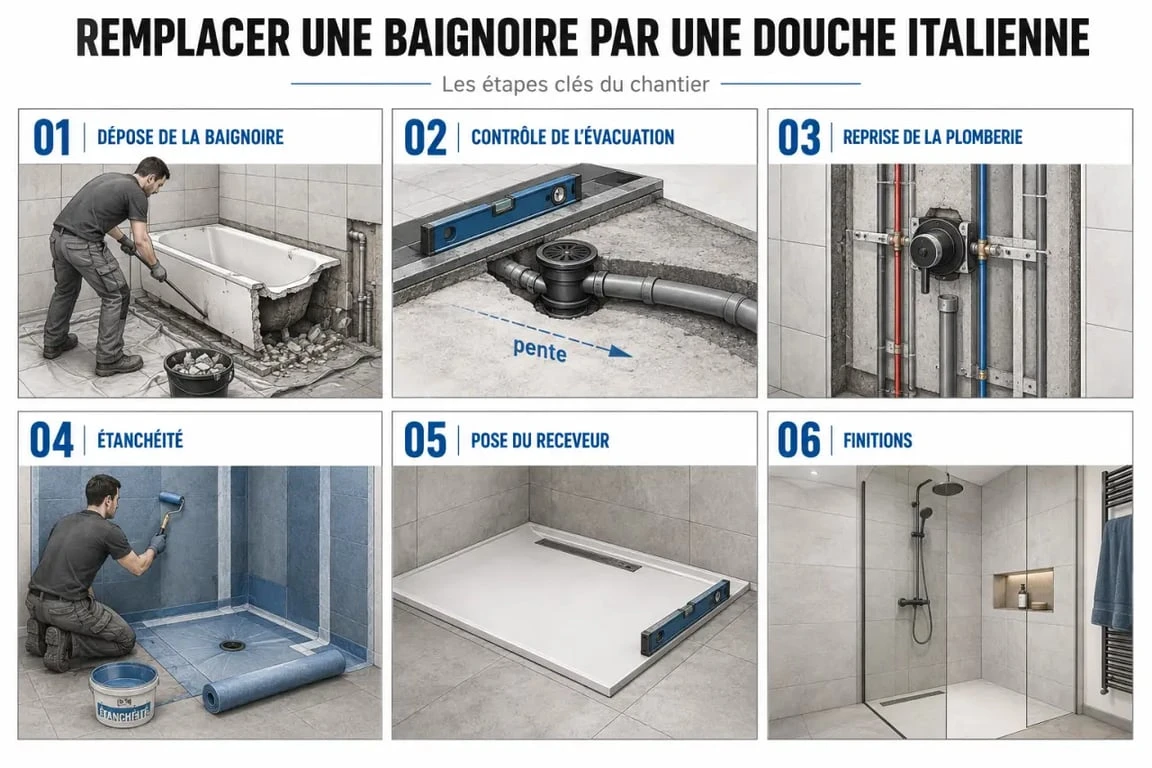 Remplacer une baignoire par douche italienne : étapes du chantier de transformation