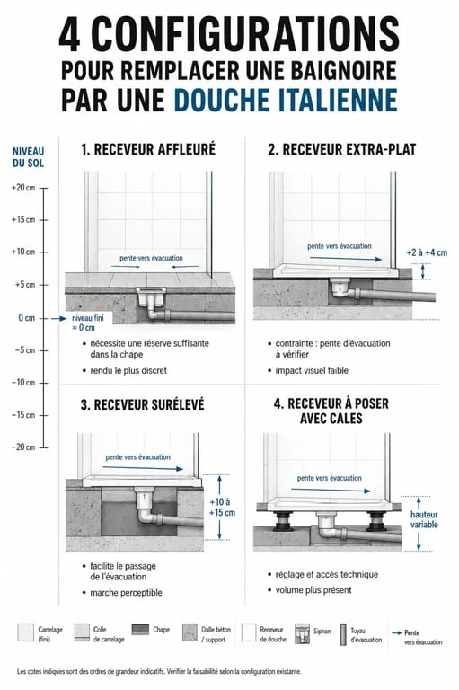 Remplacer une baignoire par douche italienne : comparatif visuel des configurations et contraintes