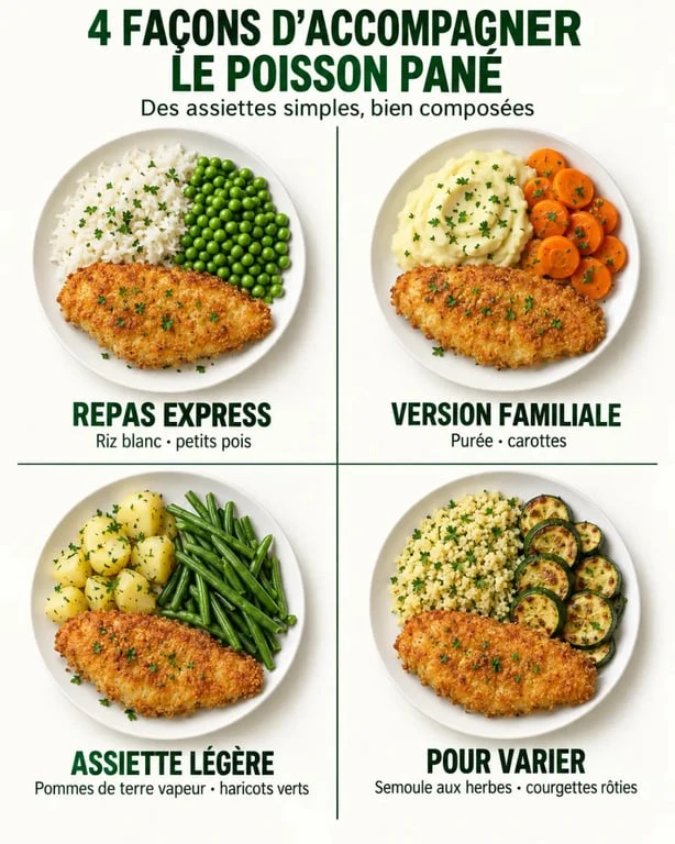Idées d’accompagnement avec du poisson pané : riz, purée, haricots verts et légumes rôtis