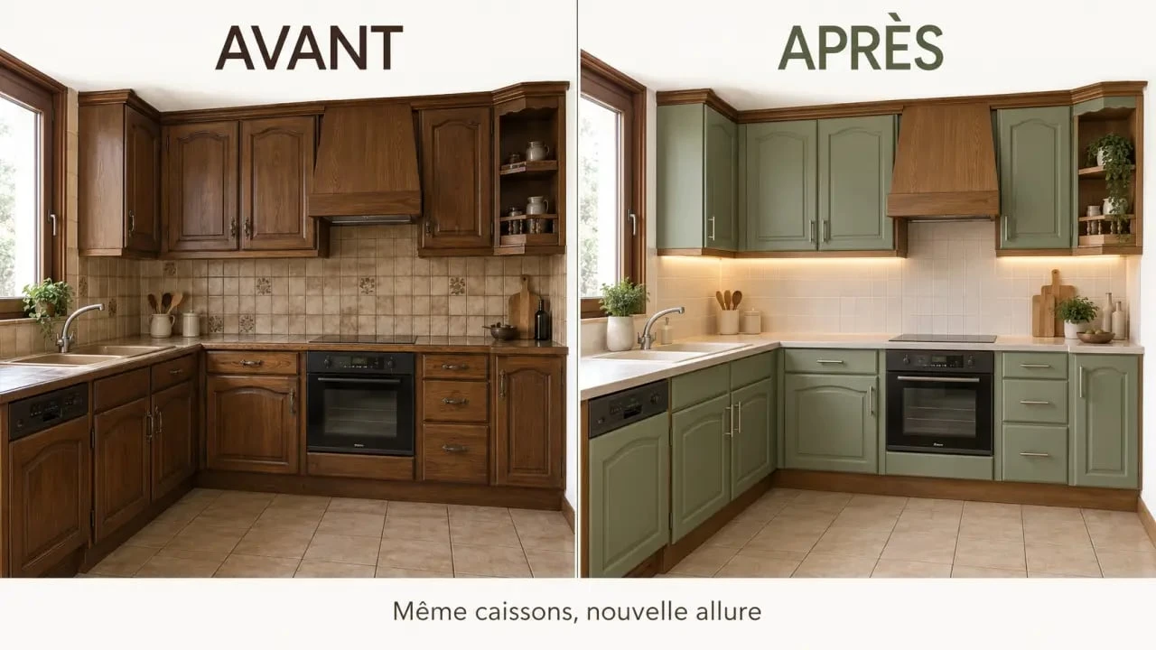 Avant après pour rénover une cuisine en bois avec peinture, nouvelles poignées et crédence