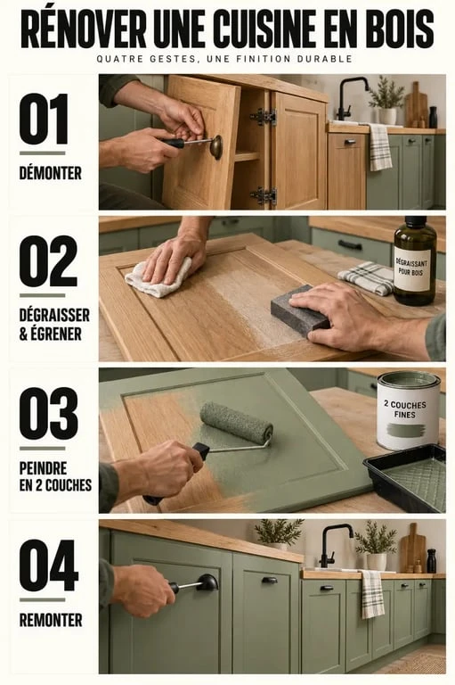 Étapes pour rénover une cuisine en bois, de la préparation des façades à la peinture