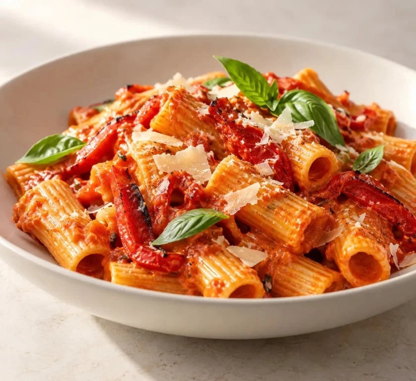 Recette italienne de pâtes aux poivrons rôtis avec parmesan et basilic
