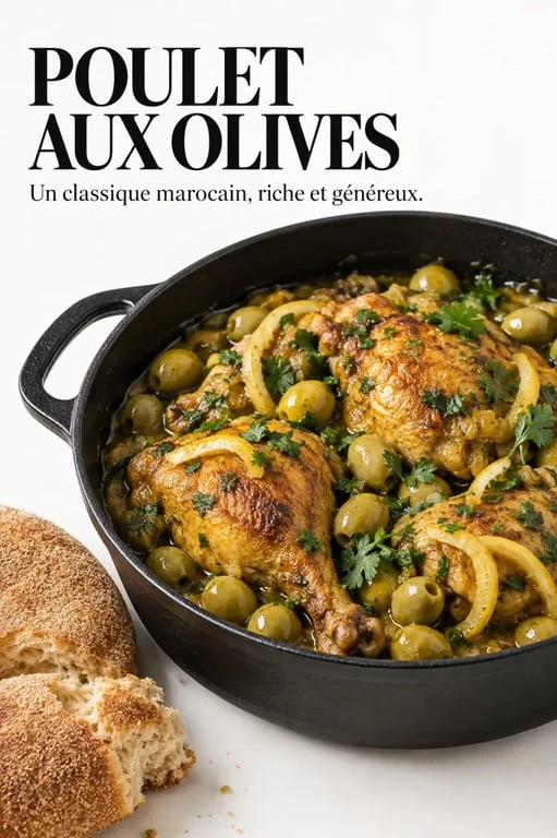 Recette poulet aux olives vertes et citron confit servi en cocotte