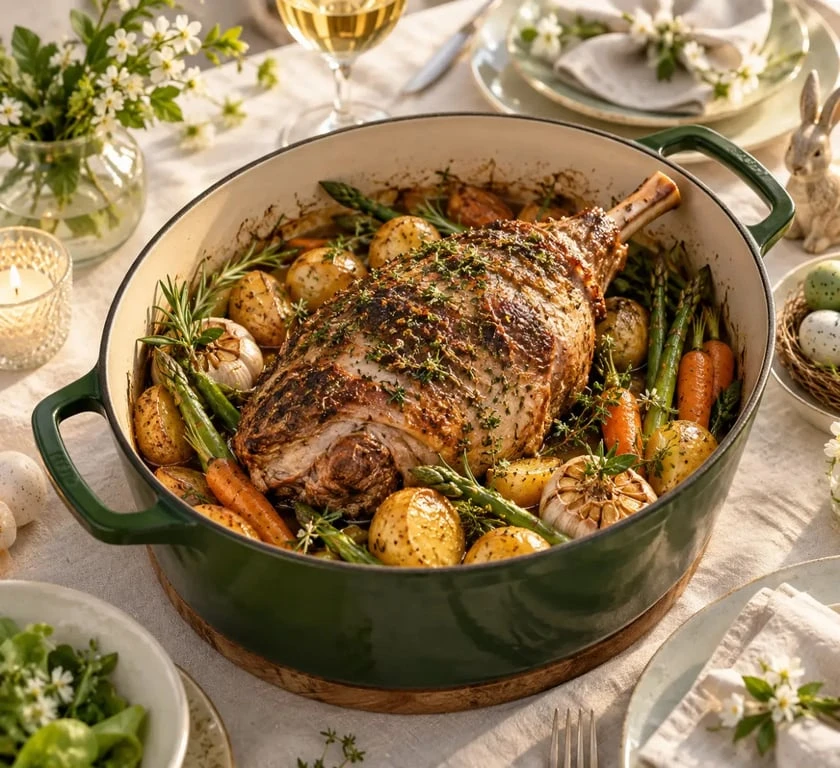Menu de Pâques 2026 avec épaule d’agneau en cocotte et légumes de printemps