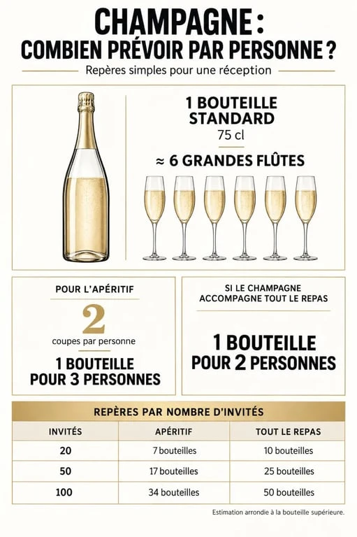 Infographie combien de champagne par personne : bouteilles, flûtes et repères selon le type de réception