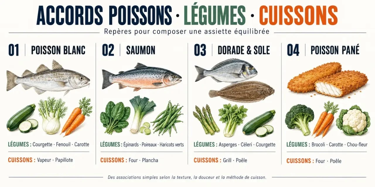 Quel légume avec le poisson : infographie des accords entre poissons, légumes et cuissons