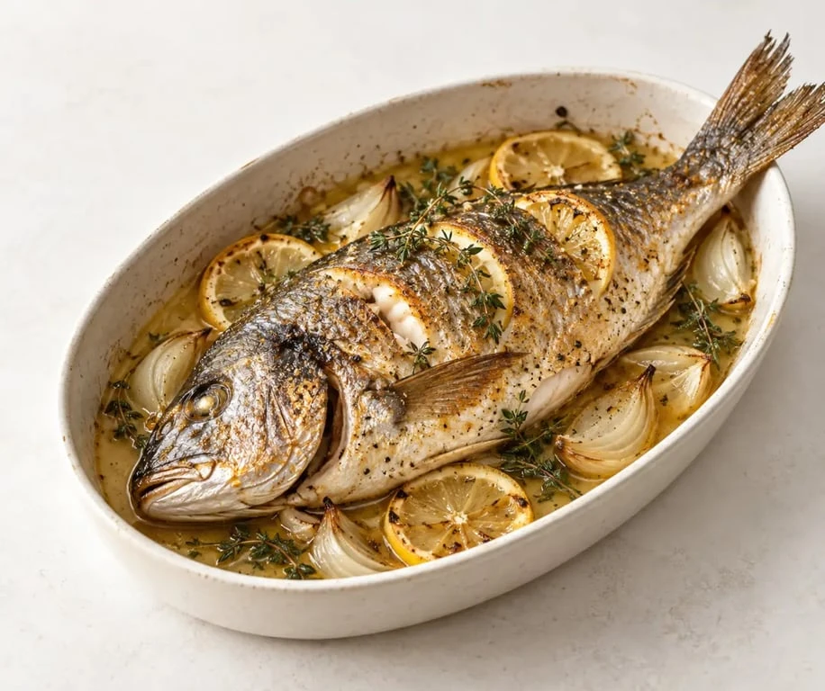 Recette dorade au four vin blanc avec citron, oignon et thym