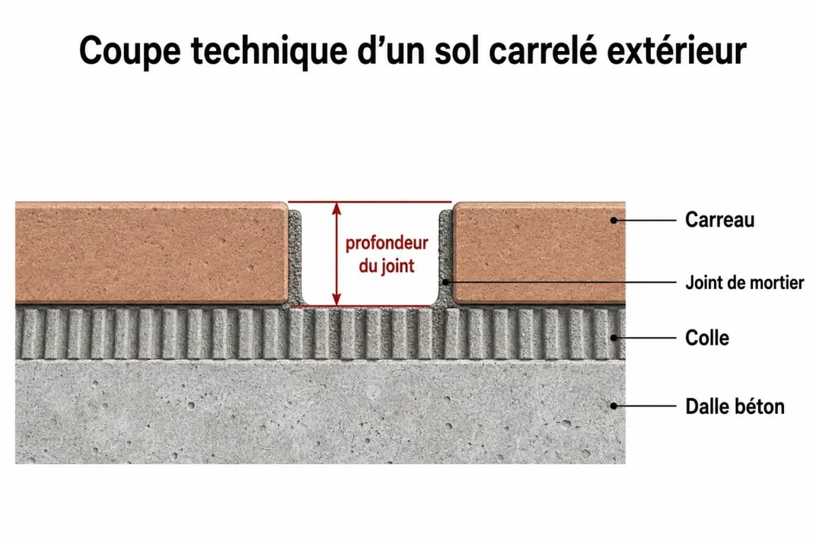Schéma technique d'une coupe de joint carrelage extérieur