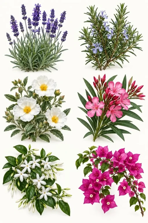 Planche botanique de fleurs du sud de la France : lavande, romarin, ciste, laurier-rose, jasmin étoilé et bougainvillier